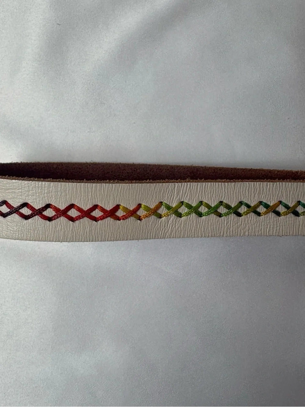 Fossil Cream Leather Rainbow Cross-Stitch Belt - Size S
